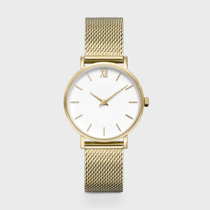 Minuit Watch Mesh, White, Gold Colour