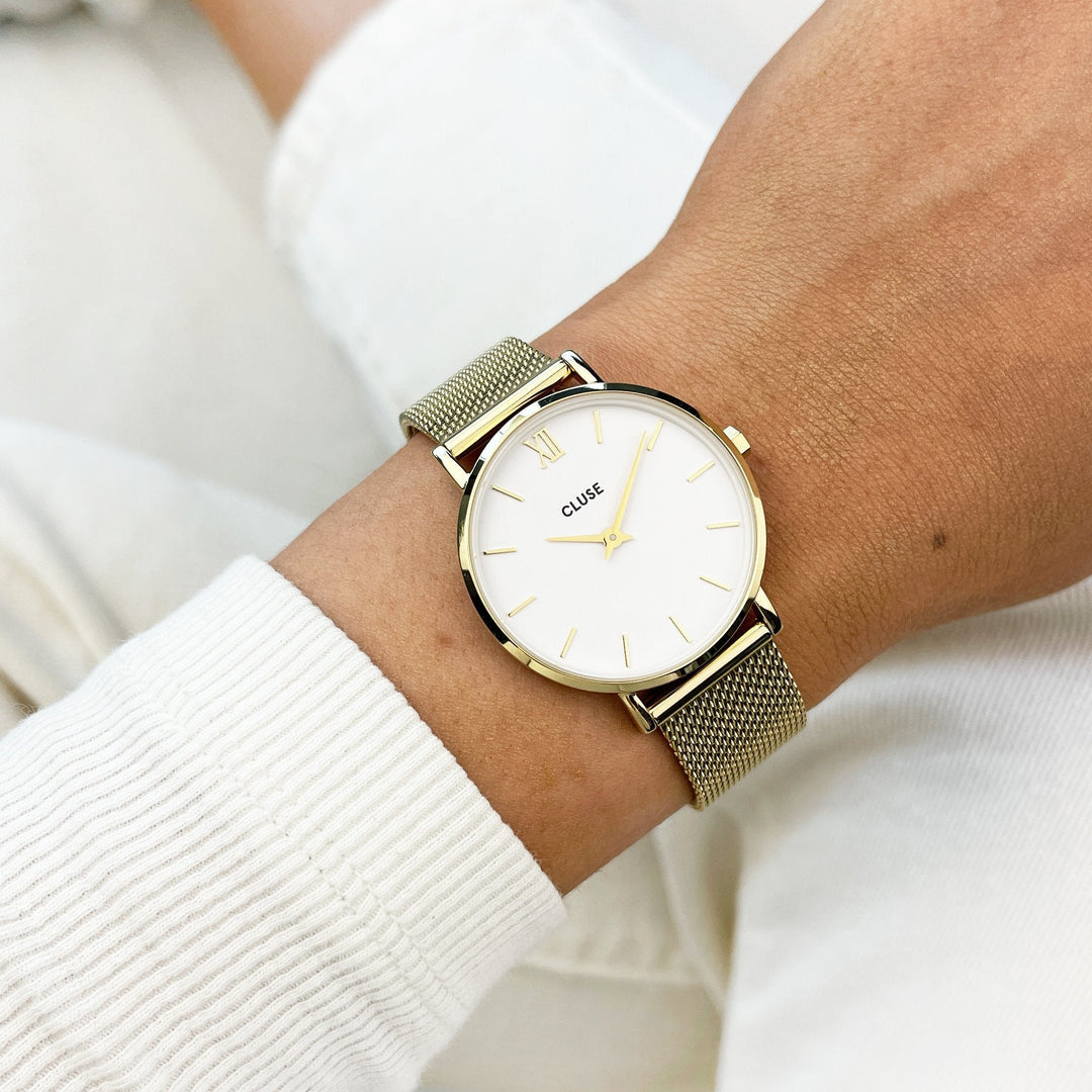 Minuit Watch Mesh, White, Gold Colour
